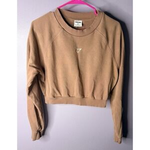Gymshark Cropped Sweatshirt Women M Brown Pullover Crew Neck Logo Athletic Gym